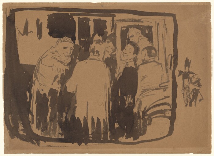 This is a drawing of several figures in a close space, depicted with bold brushstrokes in sepia tones. The background is loosely sketched, suggesting an interior setting. The figures are grouped together, some with more detail than others, creating a sense of depth and movement. In the lower right, there are abstract elements. The style is expressionistic, capturing the essence of the scene through minimalist elements.