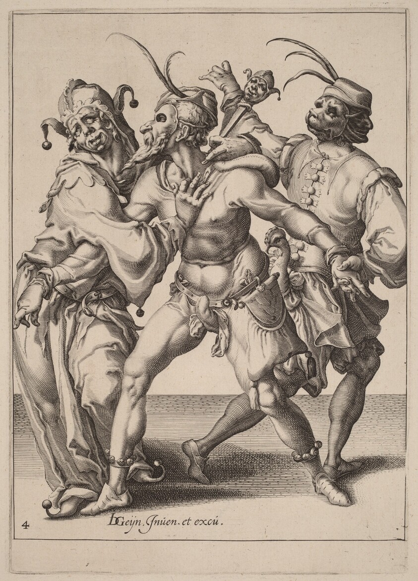 Three Dancing Mummers, Including a Jester