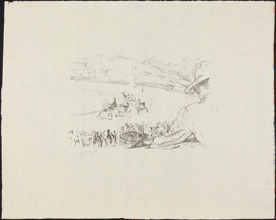 This is a drawing of a scene showing figures in motion. The image includes a group of figures in motion, possibly on horseback along a curved path or arena. In the foreground, there are smaller figures in a dense gathering, with some abstracted shapes that could represent a landscape or setting. The artwork uses minimalistic line work to convey motion and focus.