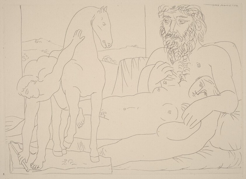 Sculptor and His Model with a Sculpture Group of a Horse and Groomer (Sculpteur et son modèle avec un groupe sculpté représentant un dresseur de chevaux)