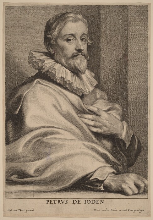 The image shows a man from the waist up, seated with his body slightly turned to his left and his head facing forward. He has wavy hair, a mustache, and a pointed beard, with distinct facial features including a serene expression. The man is wearing a high-collared garment with a large, ruffled collar and voluminous sleeves. His left hand is resting on his lap. The background consists of a vertically lined texture.