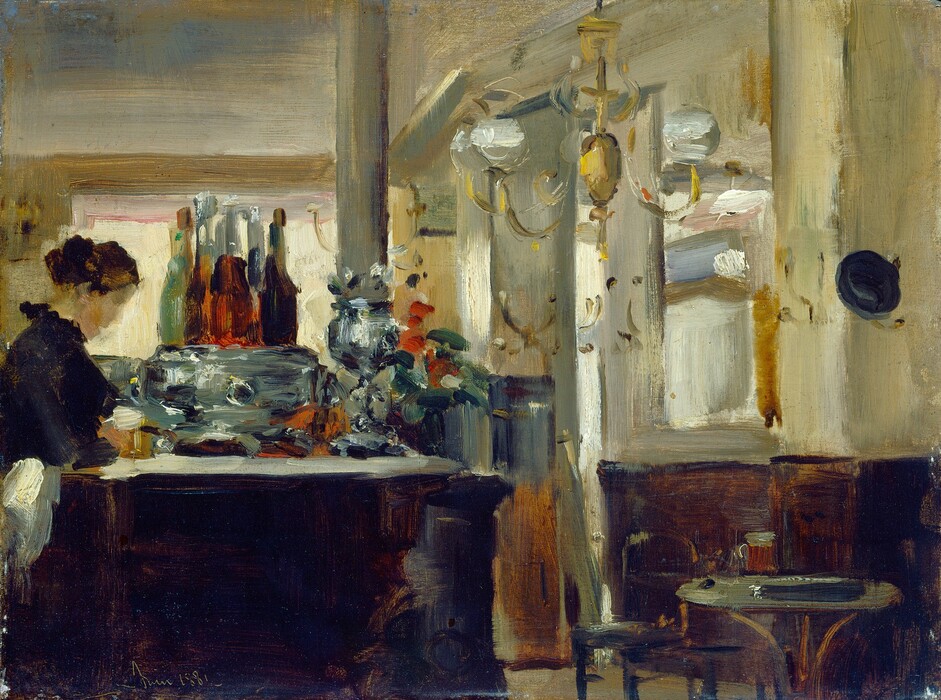 We are in the warmly lit interior of a café where a pale-skinned woman stands in profile at a dark wooden bar that extends away from us in this horizontal painting. The woman stands behind the bar to our left and faces our right. She has upswept brown hair and wears a navy-blue dress. The entire scene is loosely painted, and the elevated area just beyond the woman is especially loose, built up with thick strokes of seafoam green, black, and daubs of white. A cluster of vertical amber-colored, brown, and light grass-green strokes suggest bottles sitting along its top. Another object, perhaps a tall chalice, sits on the top of the bar, which is painted with a swipe of white paint. Crimson-red and pine-green daubs just beyond it suggest flowers. The room is painted in shades of slate blue, tan, butter and mustard yellow, with sage green creating cool shadows. A column near the center of the room, beyond the bar, divides the scene vertically. To our the right is a piece of wooden furniture with a small table and chair placed before it. A tall brass chandelier hanging above has three arms curving upward to support silvery globes. A dark blue object, perhaps a hat, hangs on the wall nearby. To the right of the chandelier is a roughly painted rectangle filled with soft blue, white, and pink shapes that suggests a mirror or window into another room. In the background, the lower half of the far corner is stone blue and cinnamon brown. The painting is dated in the lower left, “Juin 1881.”