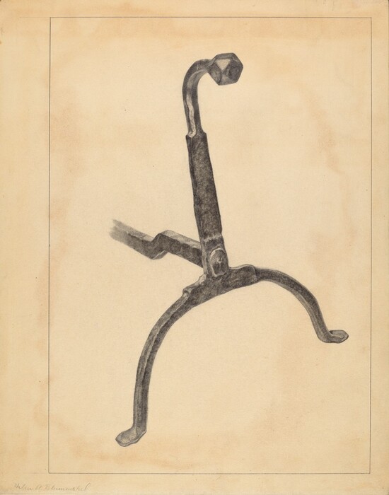 The image depicts an antique metal object with a central upright element and three curved legs. The color palette consists of shades of gray and black, with a beige background. The object is centrally located within the frame.