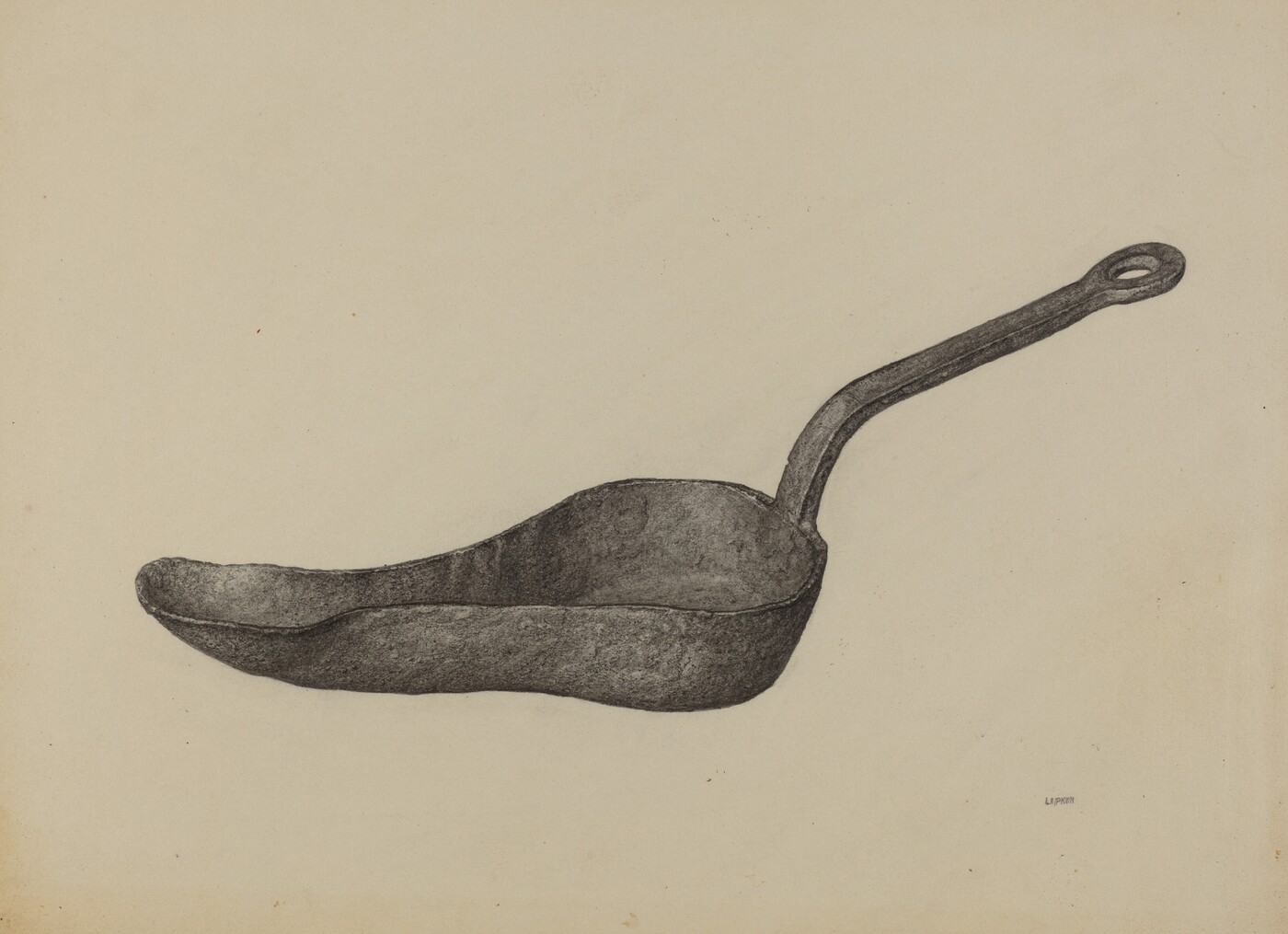 This drawing depicts a large metal ladle-like object with a deep, shoeprint-shaped bowl and a long handle ending in a loop. It is illustrated in grayscale against a light beige background, positioned in the center of the painting. The ladle is angled horizontally, with the handle extending towards the top right corner.