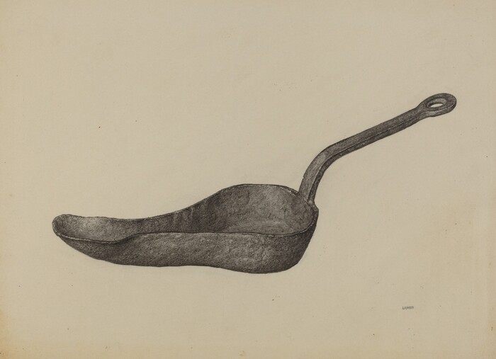 This drawing depicts a large metal ladle-like object with a deep, shoeprint-shaped bowl and a long handle ending in a loop. It is illustrated in grayscale against a light beige background, positioned in the center of the painting. The ladle is angled horizontally, with the handle extending towards the top right corner.