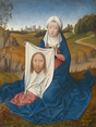 A woman sitting close to us in front of a deep landscape holds up a white cloth with the image of a man’s face on it in this vertical painting. The woman and the image on the cloth both have pale skin, hooded eyes, and long, straight noses. The woman’s shoulders are squared toward us, and her legs are tucked under her. Her head tips slightly to our right. Her eyes are downcast, and her bow-shaped lips are parted. She wears a white, turban-like headdress with a white veil covering her neck and upper chest. Her rose-pink dress is mostly covered by a voluminous, lapis-blue robe falling from the back of the headdress to the ground, where it puddles in angular folds. On the white cloth she holds up, the man’s head has chin-length blond hair and a beard. He looks out at us with light brown eyes. The woman sits on a grassy field. A dirt path cuts through a shallow valley across the picture, not far behind the woman. More harvest-yellow and moss-green hills roll back to a town with gray stone buildings with blue roofs along the horizon, which comes three-quarters of the way up the composition. The sky above deepens from white at the horizon to azure blue across the top of the painting.
