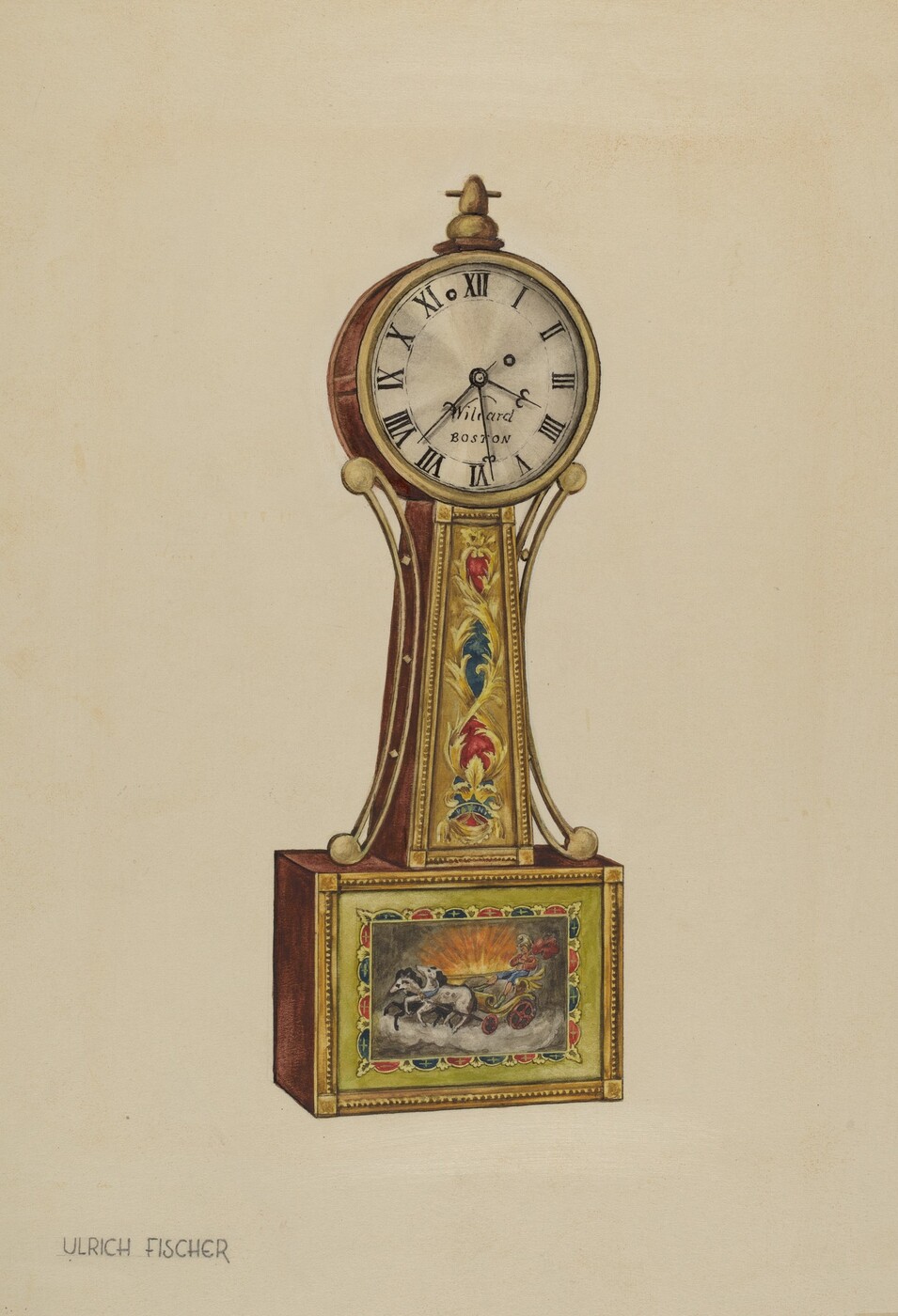 The image shows an ornate grandfather clock with a circular face at the top featuring Roman numerals and the word "Willard" along with "Boston." The clock's body is adorned with elaborate decorations, including a painted panel depicting a scene with horses and a chariot near the bottom. The color palette includes earth tones and vivid accents of red, blue, and gold in the decorations. The clock is positioned upright, centered in the image, occupying most of the visual space, with the artist's signature "Ulrich Fischer" appearing in small text towards the lower left corner.