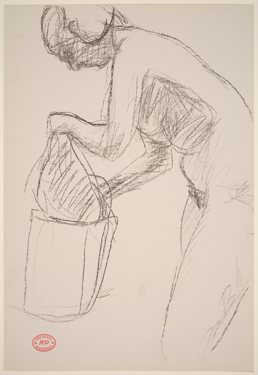 Untitled [female nude leaning over garment bag]