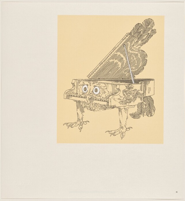 The image depicts an abstract arrangement of lines and shapes showcasing a grand piano with features resembling an owl. The piano lid is open, with feather-like textures on the top and sides. The instrument has legs with clawed feet and two circular shapes resembling eyes on the front.