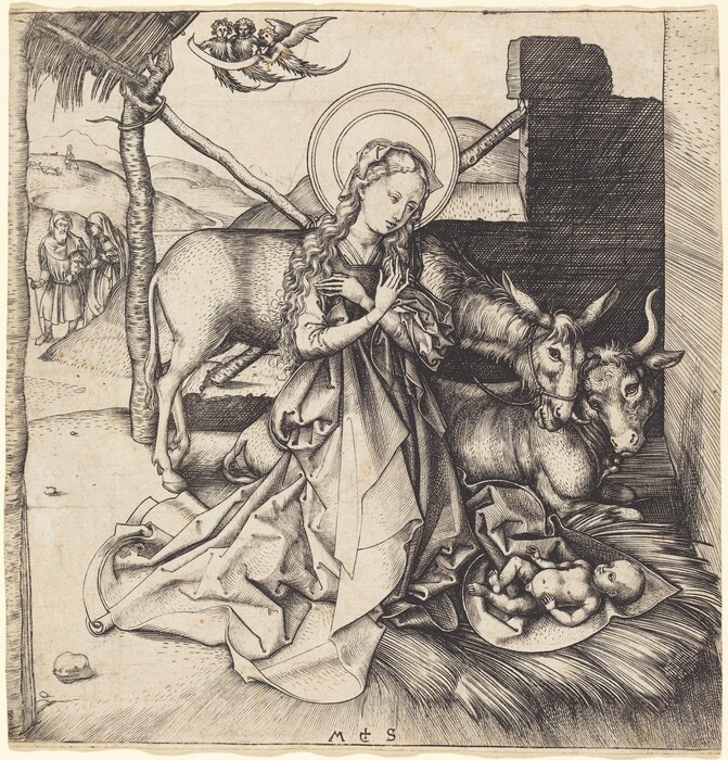 This is a drawing of an nativity scene. The image features a woman with a halo kneeling in prayer beside a manger where a baby lies. Surrounding her are two animals, an ox and a donkey, which are gazing towards the baby. Above the woman, cherubs are flying, and on the left, in the distant landscape, two figures can be seen approaching. The drawing captures the folds of the woman's attire and the expressions on the figures. The scene appears to celebrate a calm event set within a simple setting adorned with rural and spiritual elements.