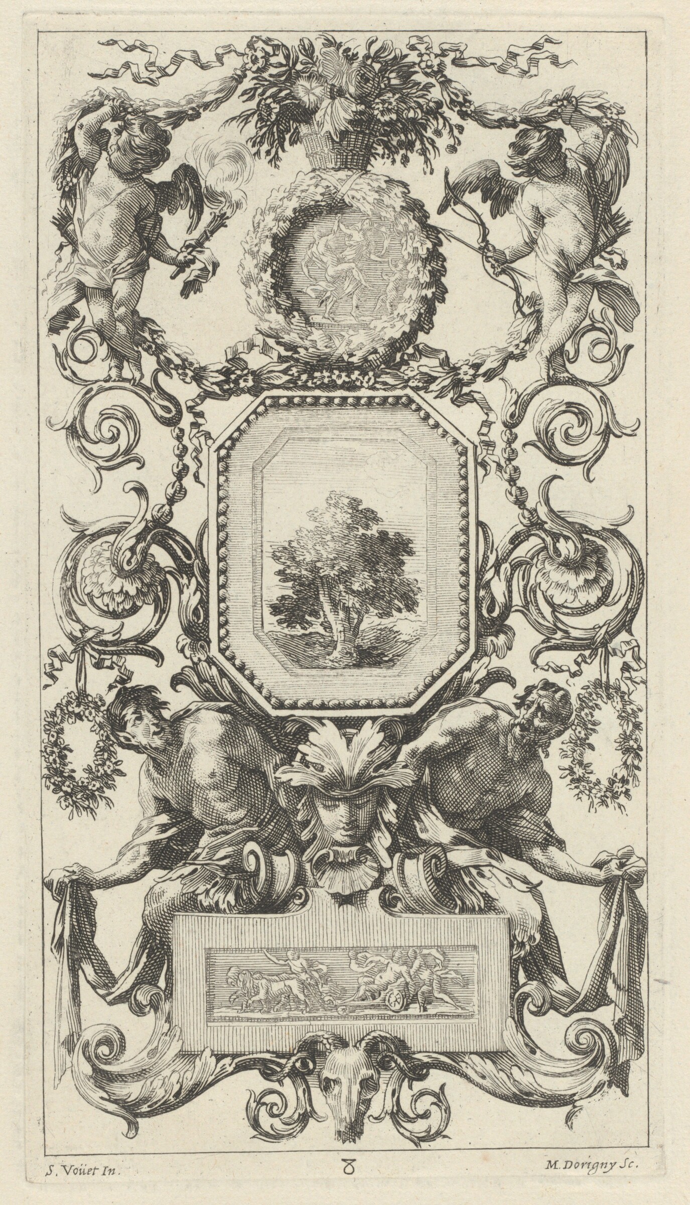 Ornamental Panel Surmounted by a Basket of Flowers with Cupid and Hymen, Michel Dorigny, after Simon Vouet, 1647