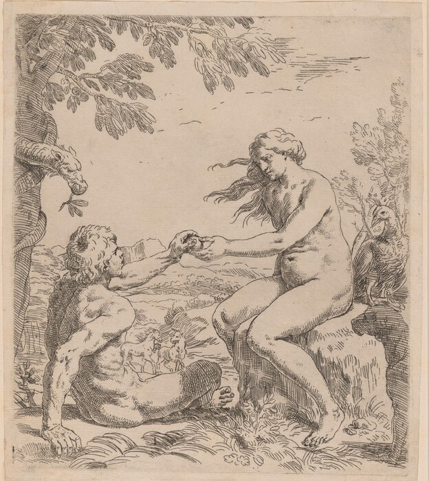 This is a drawing of two nude figures interacting in a natural setting. The illustration features one figure reclining on the ground and another seated on a rock, reaching out to each other. The figure on the left is muscular and on the ground, while the figure on the right appears more feminine and seated on a rock. The background includes elements of nature like trees with detailed leaves, a serpent around a branch, and a bird on a ledge. In the distance, there are small figures and rolling hills under a cloudy sky. The composition is detailed with fine lines depicting textures and forms.