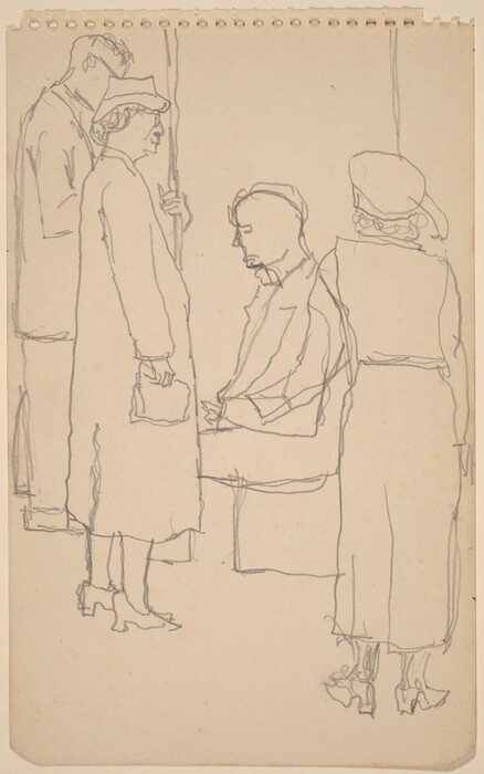 The sketch shows four individuals in a public transportation setting. Three are standing and one is seated. The sketch features minimal detail. The standing individuals include a woman in a long coat and hat facing the seated person, a man standing behind her holding onto a pole, and another individual seen from the back wearing a hat and what appears to be a dress or long skirt and top. The seated individual has outlined facial features with hands resting on the lap. The clothing suggests a formal or mid-20th-century style. The background is a plain surface with sketch lines indicating possible structural elements of the transportation.