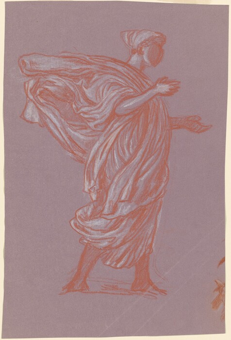 The image depicts a person in a dynamic walking pose. The figure has no facial features, wearing a cap or headwrap. They are dressed in flowing garments suggesting movement, with folds accentuating the direction of motion. The left arm is extended forward, the right hand slightly raised. There are no visible accessories. The background is a light purple shade contrasting with the earthy red tones of the figure.