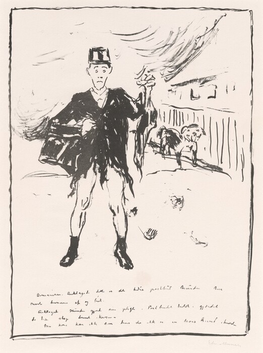 The image shows a person with a surprised expression. They have short hair and are wearing a hat with a flat brim. The person is wearing a dark coat, revealing bare legs, and dark shoes. They are holding a dark object in their right hand. Two animals are to the right of the person, and there are sketchy background elements, including a railing or fence line and indistinct architecture. The scene is depicted in black and white with swirling lines, and there is cursive writing at the bottom of the image. The image is framed by a line border.