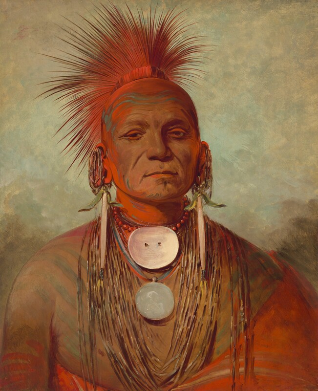 Shown from the chest up, a man with brown skin wears indigenous Iowa attire and looks just off to our left with heavy-lidded eyes in this vertical portrait painting. He faces us against a background mottled with pale turquoise and cream white. The sides of the man’s square face, the top of his bald head, and his neck are painted a bright orange-red. His ears, lips, and eyelids are also red. Deep lines run across his forehead and down under high cheekbones, to either side of his nose and his closed mouth. His spiky headdress fans like a fountain from around a small cap at the center of the top of his head. Beaded earrings hang from the lobes and tops of his ears. More than a dozen necklaces, perhaps of quills, hang beneath two shorter chokers, one with a wide oval shell over a round shell or medallion. Green stripes on his bare shoulders and chest create a shallow V over his chest, and there is a red hand print on his upper right arm, to our left. His torso and one shoulder are wrapped with vibrant red cloth.