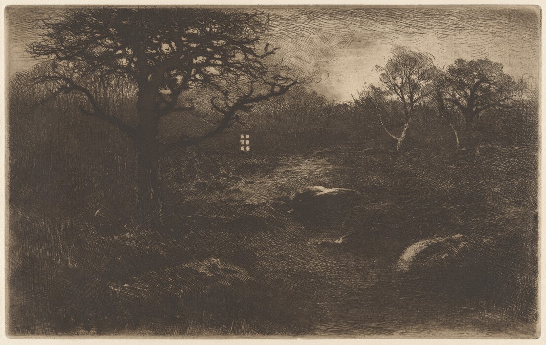 The image shows a view from a slightly elevated vantage point over a dark landscape with trees. The horizon is obscured by the meeting of trees and the sky, mainly on the right side. The piece features intricate brushwork with fine swirling lines creating texture in the sky and land. The color palette consists of dark browns and blacks with lighter hues providing contrast and highlights. A large, gnarled tree is prominently featured on the left, with twisting branches. In the distance, faint windows of light in a cabin or building are visible among the dark woods.