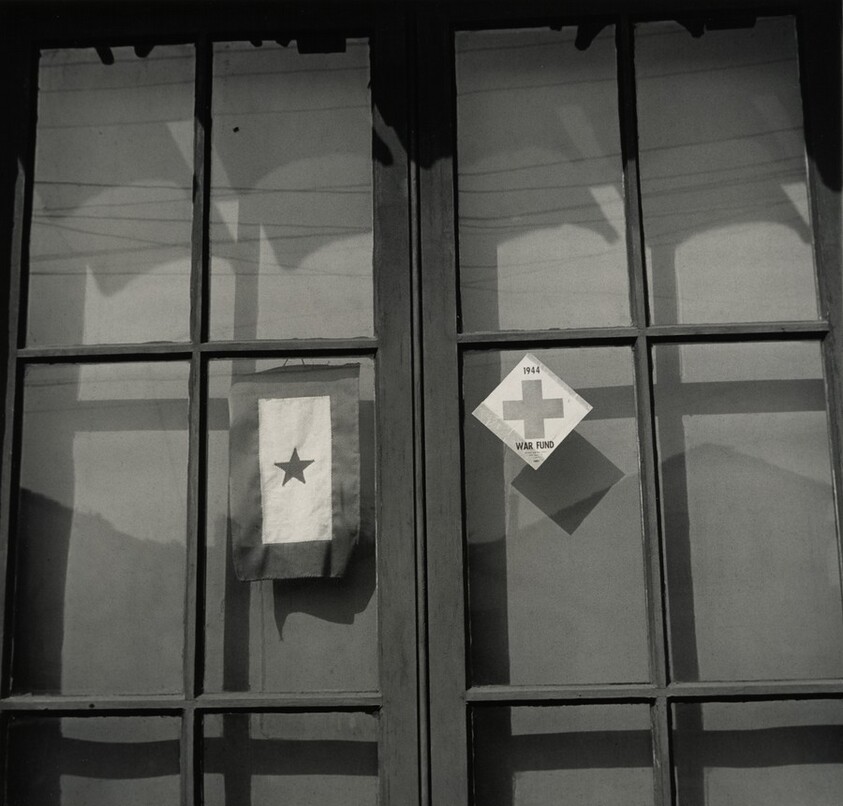Star in window with Red Cross War Fund sticker, Richmond, California