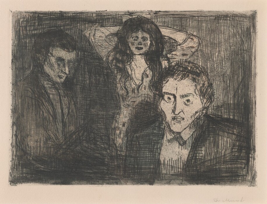 The image shows a drawing of three figures from the waist up. On the right is a man with distinct facial features and short textured hair, dressed in a suit jacket over a high-collared shirt. To the left is another man in profile with similar features, but appearing more shadowed and subdued. Behind them stands a woman with raised arms, long hair, and softer facial features, wearing a patterned garment with long sleeves. The background is dark and heavily crosshatched.