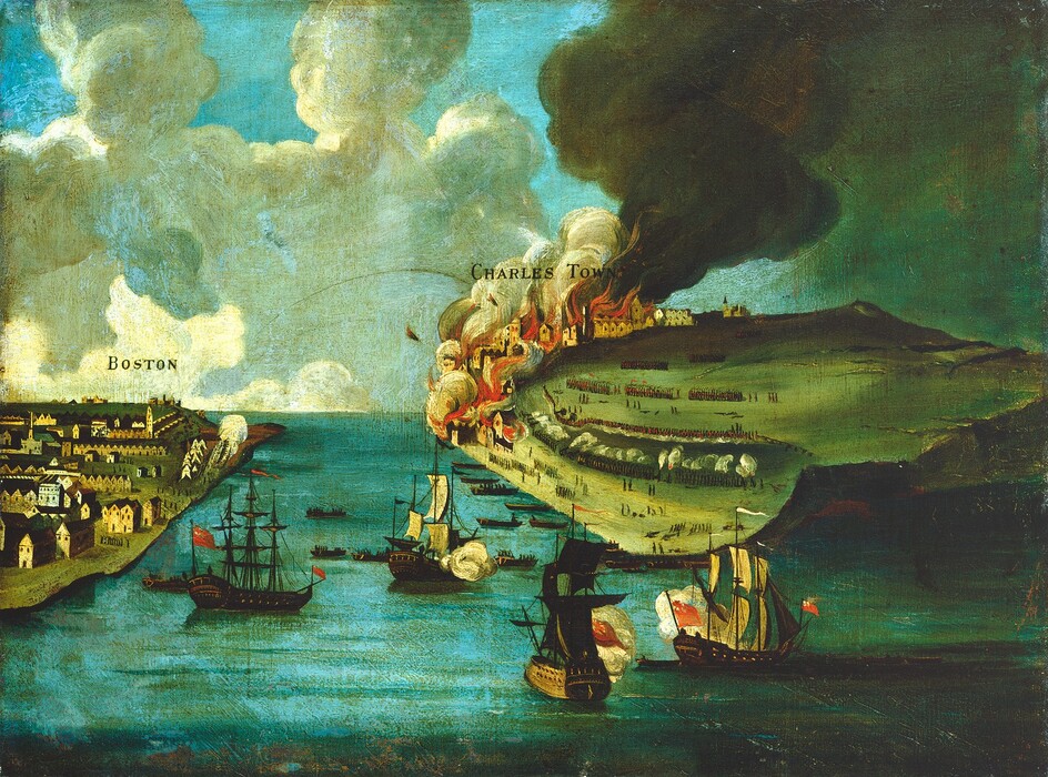 We look across and down at a channel of water separating two landmasses labeled "Boston" and "Charles Town" in this horizontal landscape painting. Four three-masted ships are in the aquamarine-blue harbor between us and the land. Three of them have their sails unfurled and smoke billows from the broad, starboard side of each. Tidy rows of brown houses line the area of Boston. A puff of white smoke rises from the farthest point. Two arrow-shaped missiles, perhaps projectiles on fire, arc toward Charles Town, where billowing gray plumes of smoke rise from vivid orange fire on the far side of the landmass. Rowboats bring soldiers to the shore of Charles Town, close to where hundreds of soldiers line up and fire at each other. Much of the rest of Charles Town is a hill leading to sheer cliffs to our right. Tan and gray-colored smoke mixes among bright white clouds against a pale blue sky on the top half of the painting.