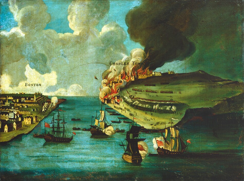 We look across and down at a channel of water separating two landmasses labeled "Boston" and "Charles Town" in this horizontal landscape painting. Four three-masted ships are in the aquamarine-blue harbor between us and the land. Three of them have their sails unfurled and smoke billows from the broad, starboard side of each. Tidy rows of brown houses line the area of Boston. A puff of white smoke rises from the farthest point. Two arrow-shaped missiles, perhaps projectiles on fire, arc toward Charles Town, where billowing gray plumes of smoke rise from vivid orange fire on the far side of the landmass. Rowboats bring soldiers to the shore of Charles Town, close to where hundreds of soldiers line up and fire at each other. Much of the rest of Charles Town is a hill leading to sheer cliffs to our right. Tan and gray-colored smoke mixes among bright white clouds against a pale blue sky on the top half of the painting.