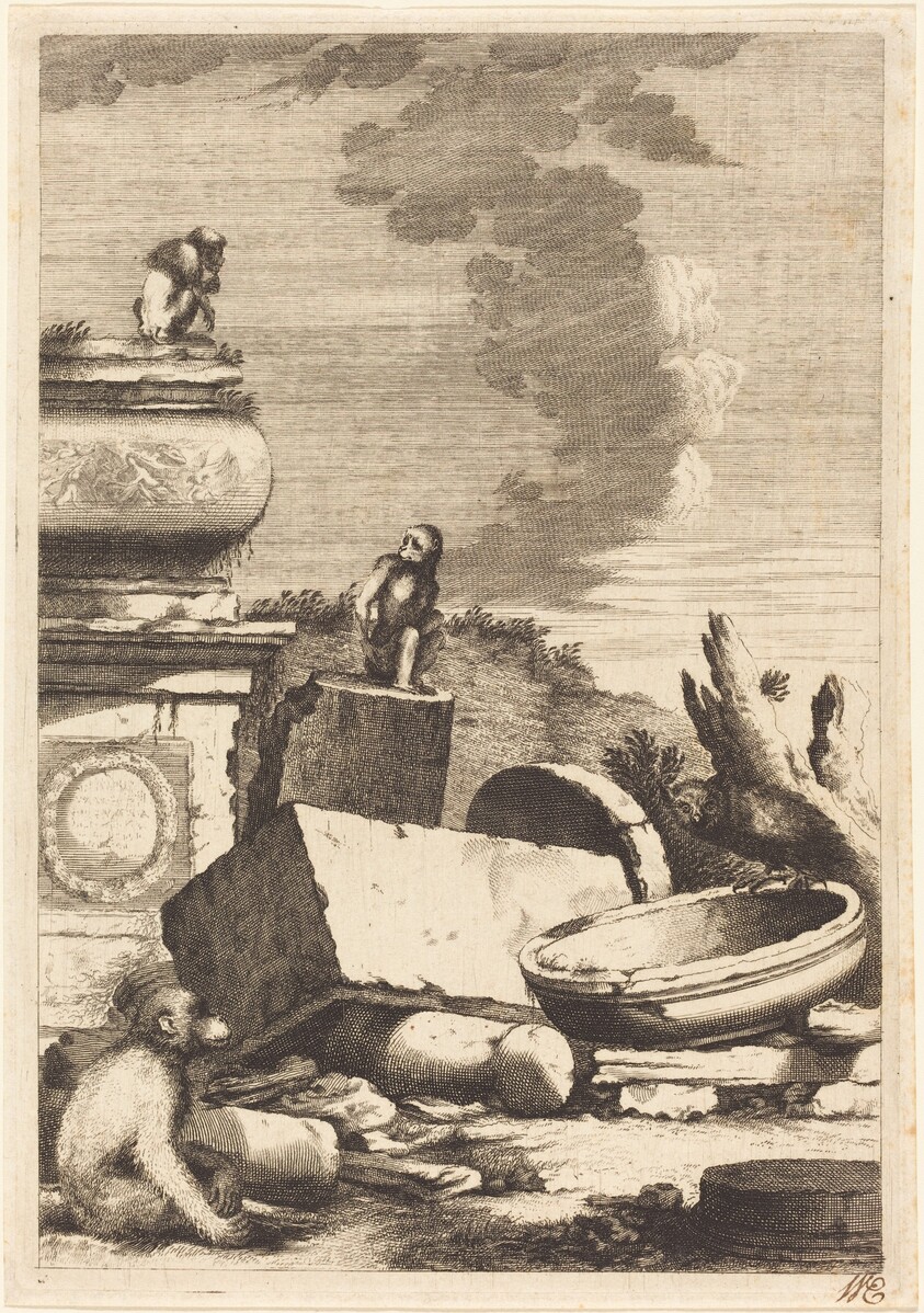 Ruins with Monkeys and an Owl