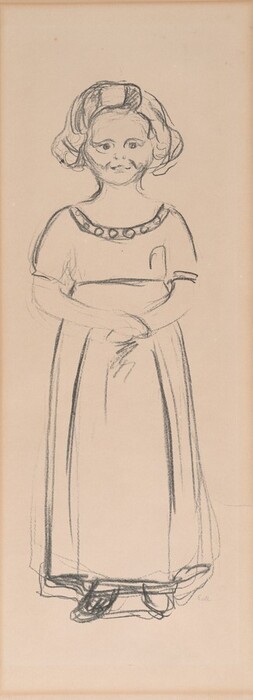 The image shows a sketch of a child standing upright with arms in front. The child has short, wavy hair, large eyes, a small nose, and a slight smile. They are wearing a short-sleeved dress with a dotted pattern and shoes. The background is plain.