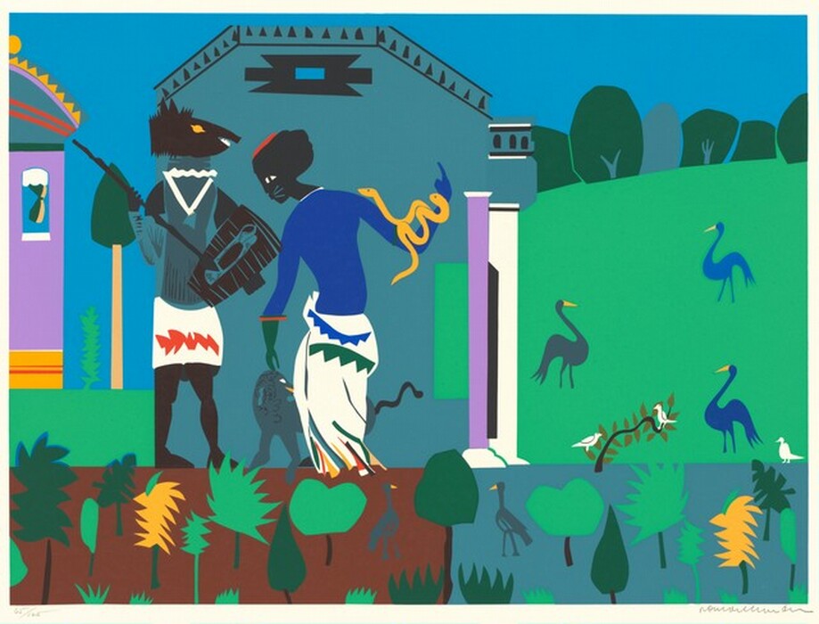 A woman stands with her back to us to the right of a person with a man's body and a boar's head in this abstracted, horizontal color print. Both people have black skin, and the scene is created with flat areas of saturated color and stylized forms. The woman’s torso and arms are cobalt blue, and a white skirt wrapped around her waist is decorated with patches and streaks of pine green, black, bright orange, teal blue, and harvest gold. Her head is turned to our left in profile, and she wears a flat red cap. She has a white, cat-like eye and teal-colored whiskers around her mouth. Two yellow snakes twine around her raised right arm, which is bent at the elbow. She bows her head to look at a blue dog at her feet, while she reaches down with her green left hand to gently touch its head. The dog’s head is turned to our right in profile, and it has a white eye, a slash of yellow for its mouth, and wavy black tail. The man is on our left and his body faces us as his head turns to our right in profile. He has a long snout, upright ears, a yellow eye, and spikes suggesting bristling fur. His open mouth reveals white fangs. He wears an ocean-blue tunic with a white triangular decoration on the chest, and a white skirt with an abstract, dark orange decoration. He holds a spear in his right arm, on our left, and a black and blue shield in the other. The people stand before a blue structure with a roof lined with triangles. The right corner of the building has a bright green rectangle next to a violet-purple column. More geometric blue and black shapes and what appears to be a white column jut out from that side, to our right. Part of a purple building with a curved, denim-blue roof and yellow foundation is visible on the left. A bright blue rectangle placed high on the wall, presumably a window, has a green and gold object hanging below a white scalloped shape at the top. The scene takes place in a landscape under a bright blue sky with flat, lime-green ground on the left and a hill topped with rounded green trees to the right. Mint and dark green or ochre-yellow trees are scattered across the ground along the bottom of the composition. The ground is brown in the left half and blue in the right half. Birds in gray, white, and shades of blue wander on the green hill and through the trees at the bottom, or perch in their branches. The artist has written “65/125” in the lower left corner beneath the printed image, and signed in lower right, “Romare Bearden,” both in pencil.