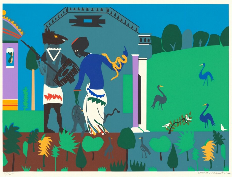 A woman stands with her back to us to the right of a person with a man's body and a boar's head in this abstracted, horizontal color print. Both people have black skin, and the scene is created with flat areas of saturated color and stylized forms. The woman’s torso and arms are cobalt blue, and a white skirt wrapped around her waist is decorated with patches and streaks of pine green, black, bright orange, teal blue, and harvest gold. Her head is turned to our left in profile, and she wears a flat red cap. She has a white, cat-like eye and teal-colored whiskers around her mouth. Two yellow snakes twine around her raised right arm, which is bent at the elbow. She bows her head to look at a blue dog at her feet, while she reaches down with her green left hand to gently touch its head. The dog’s head is turned to our right in profile, and it has a white eye, a slash of yellow for its mouth, and wavy black tail. The man is on our left and his body faces us as his head turns to our right in profile. He has a long snout, upright ears, a yellow eye, and spikes suggesting bristling fur. His open mouth reveals white fangs. He wears an ocean-blue tunic with a white triangular decoration on the chest, and a white skirt with an abstract, dark orange decoration. He holds a spear in his right arm, on our left, and a black and blue shield in the other. The people stand before a blue structure with a roof lined with triangles. The right corner of the building has a bright green rectangle next to a violet-purple column. More geometric blue and black shapes and what appears to be a white column jut out from that side, to our right. Part of a purple building with a curved, denim-blue roof and yellow foundation is visible on the left. A bright blue rectangle placed high on the wall, presumably a window, has a green and gold object hanging below a white scalloped shape at the top. The scene takes place in a landscape under a bright blue sky with flat, lime-green ground on the left and a hill topped with rounded green trees to the right. Mint and dark green or ochre-yellow trees are scattered across the ground along the bottom of the composition. The ground is brown in the left half and blue in the right half. Birds in gray, white, and shades of blue wander on the green hill and through the trees at the bottom, or perch in their branches. The artist has written “65/125” in the lower left corner beneath the printed image, and signed in lower right, “Romare Bearden,” both in pencil.