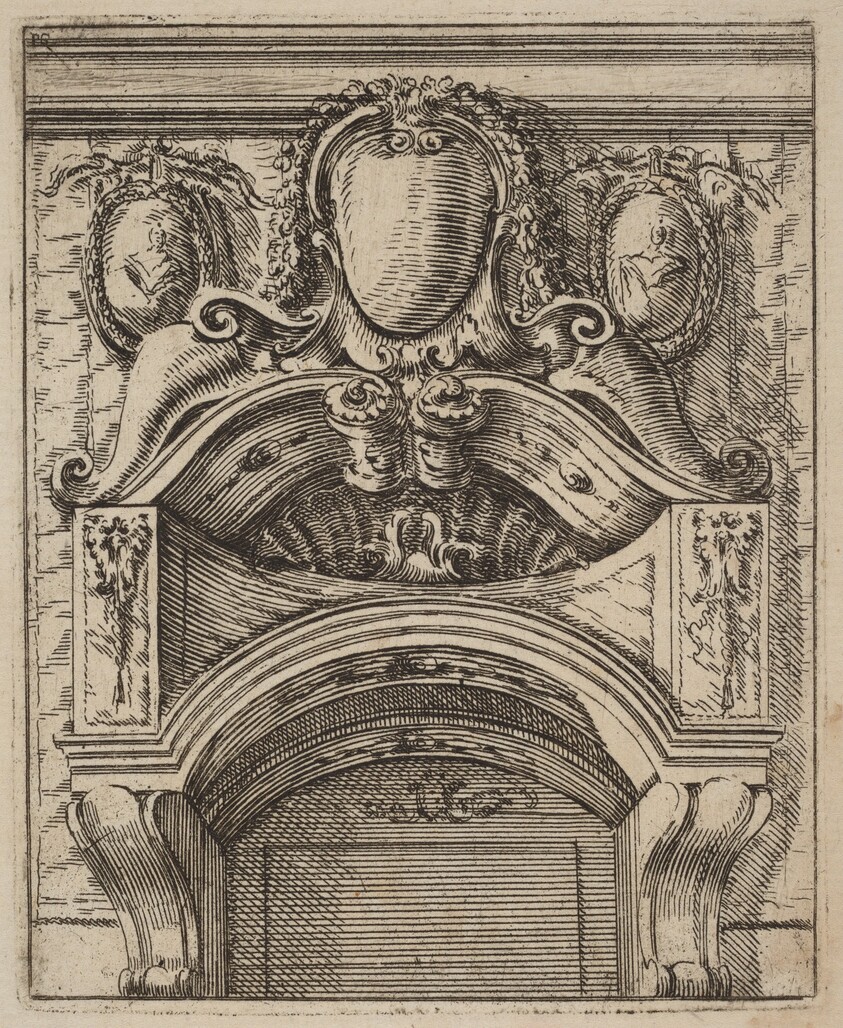Architectural Motif with Three Shields, Two with Figures