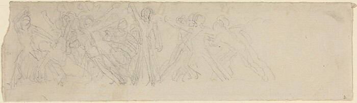 This is a drawing of abstract, loosely sketched forms that suggest energetic, dynamic human figures engaged in movement or dance. The drawing is composed of lightly penciled lines on a plain, off-white background, indicating a raw and unfinished sketch. The lines create an interplay of shapes that hint at a collection of figures, some with raised arms, suggesting a scene of action or interaction among the forms. The sketch captures a sense of flow and motion while remaining abstract and open to interpretation.
