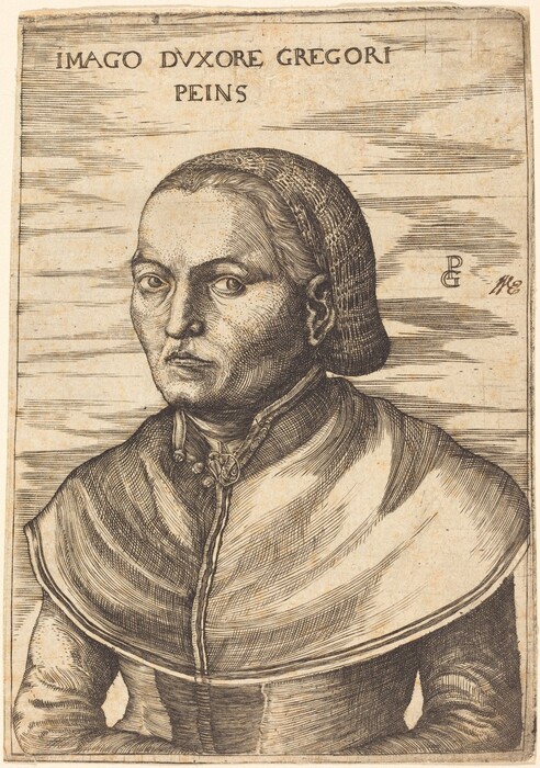 The image displays a portrait of a person from the waist up. The individual has a stern facial expression, high cheekbones, a slightly furrowed brow, and deep-set eyes. Their hair is pulled back tightly and appears short or tucked under a covering. The person is wearing a garment with a high collar featuring ornate buttons or clasps and an overgarment draping over the shoulders. The background is a simple, textured pattern. There are horizontal lines encircling the portrait and some text inscribed at the top, with small initials or marks to the side.