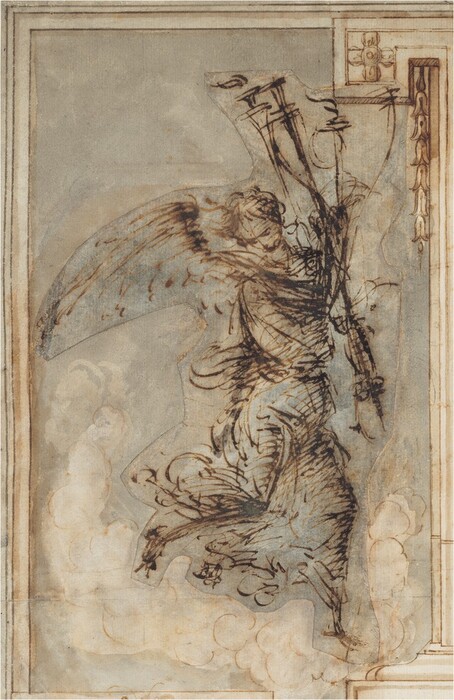 A winged angel wearing a long billowing robe and holding a torch balances or lands on their left foot, on our right, in this vertical drawing. Created with dark brown ink against cream-white paper, the person is sketchily drawn so some of the details are indistinct. The right foot, on our left, is raised behind the angel, who looks down in that direction. A wing stretches out above, making an arc to our left. The edge of a column and base lines the right edge of the paper. The background behind the angel is slate blue. The drawing with the angel has been cut out near its edges and affixed to a sheet the same blue. Some white clouds billow up around the angel's feet.
