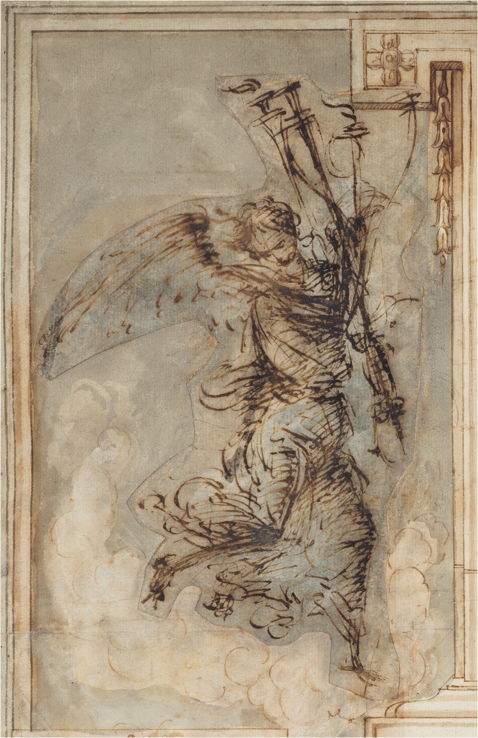 A winged angel wearing a long billowing robe and holding a torch balances or lands on their left foot, on our right, in this vertical drawing. Created with dark brown ink against cream-white paper, the person is sketchily drawn so some of the details are indistinct. The right foot, on our left, is raised behind the angel, who looks down in that direction. A wing stretches out above, making an arc to our left. The edge of a column and base lines the right edge of the paper. The background behind the angel is slate blue. The drawing with the angel has been cut out near its edges and affixed to a sheet the same blue. Some white clouds billow up around the angel's feet.