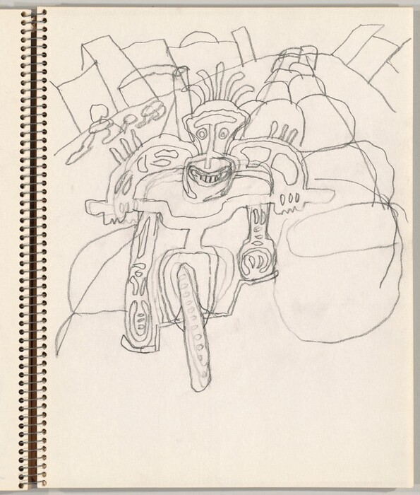 The image shows intersecting and curved lines forming an abstract representation. In the center, the lines suggest a humanoid figure with exaggerated facial features. Surrounding this central figure are stacked, rounded shapes that may resemble vehicles. The background contains geometric shapes hinting at a landscape with varying depths.