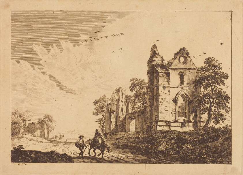 Ruined Abbey with Travelers on the Road