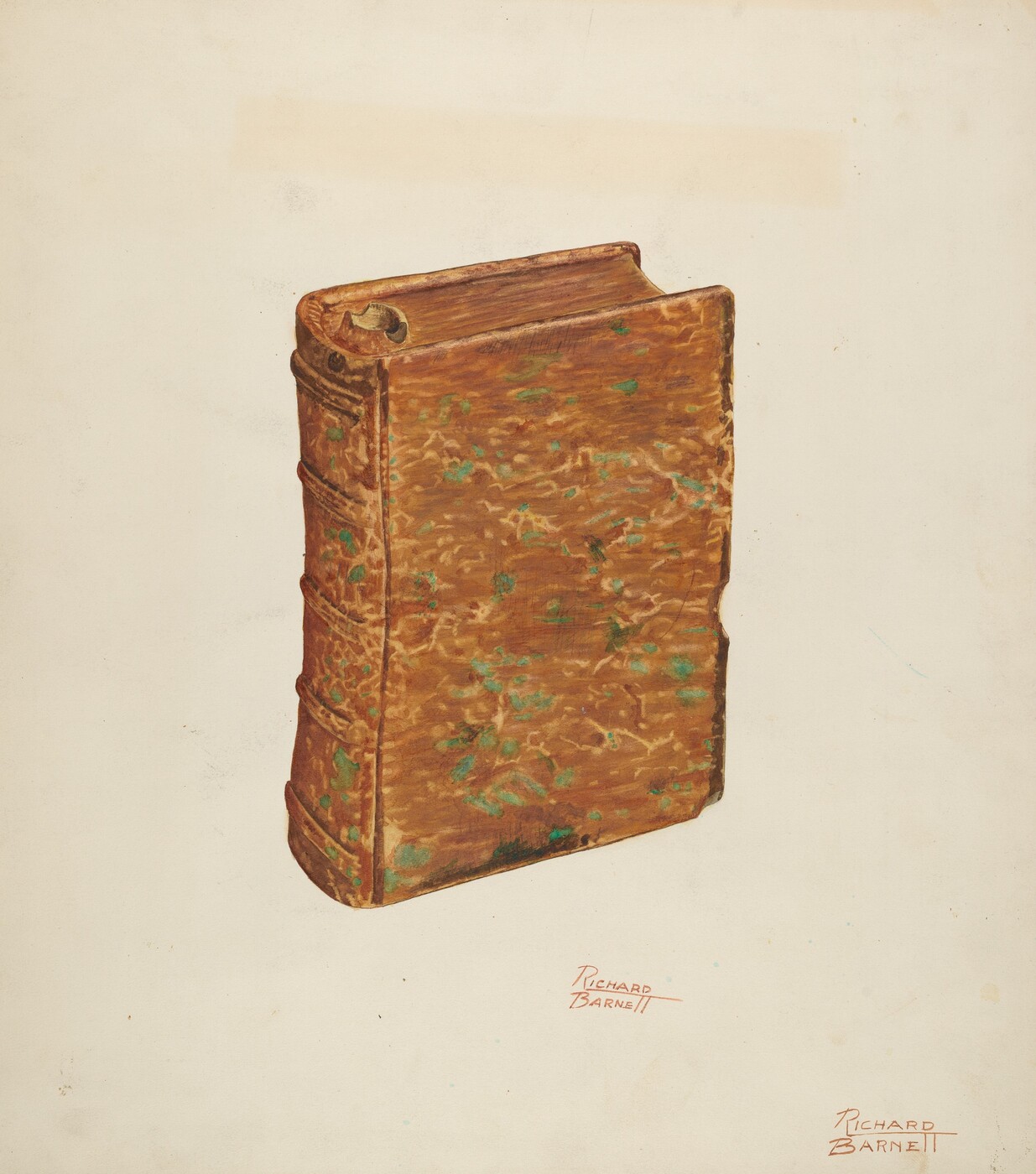 The image shows a textured book with a brown cover featuring green patches. The color palette is warm with earthy browns and hints of green. The book is upright and angled, displaying its spine and part of the front cover. The artist's signature, "Richard Barnett," is present in the lower area near the right edge of the image.
