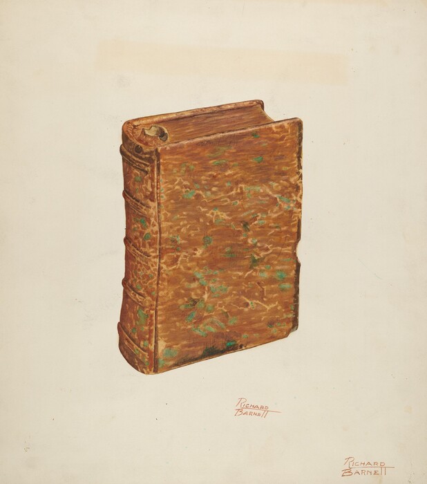The image shows a textured book with a brown cover featuring green patches. The color palette is warm with earthy browns and hints of green. The book is upright and angled, displaying its spine and part of the front cover. The artist's signature, "Richard Barnett," is present in the lower area near the right edge of the image.