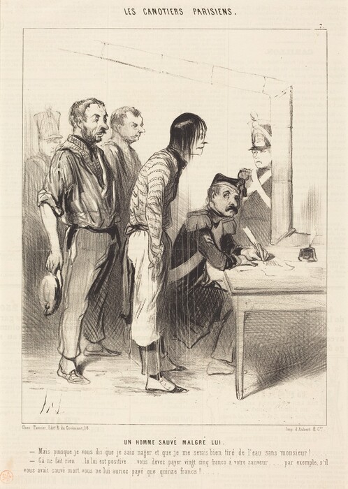 This is a drawing of a group of individuals in a bureaucratic setting. One person is seated at a desk writing, wearing official attire. Another person is leaning over the desk, possibly arguing. Additional individuals are standing and watching, dressed casually. A humorous or satirical exchange about payment for a rescue is depicted at the bottom. The drawing is done in a style with sketch lines and cross-hatching to show expressions on the faces.