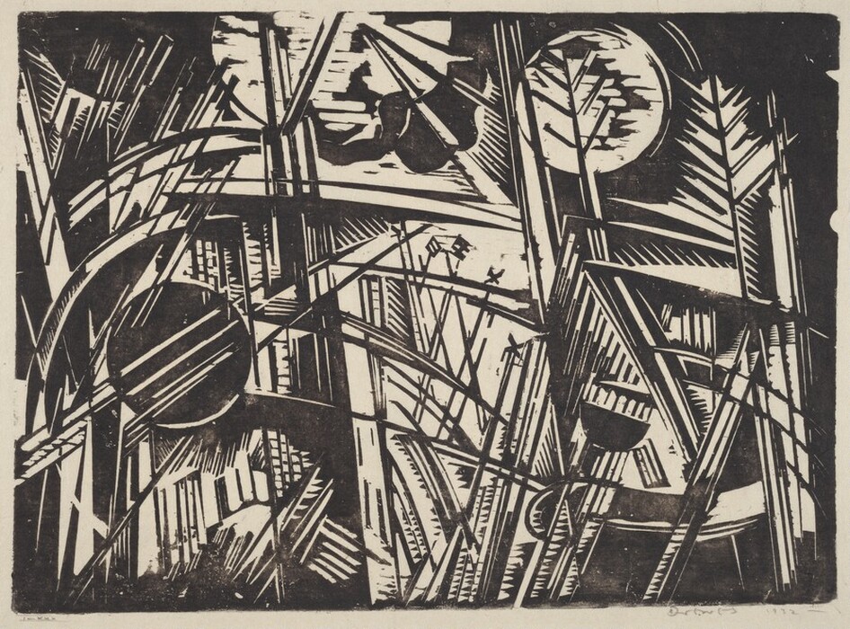The image displays intersecting lines and shapes, including circles and diagonal lines, forming an intricate pattern. The composition is abstract and includes overlapping arcs and linear elements. Additional circular shapes resemble celestial bodies, such as moons or planets. The intersecting lines could also suggest tangled branches of trees.
