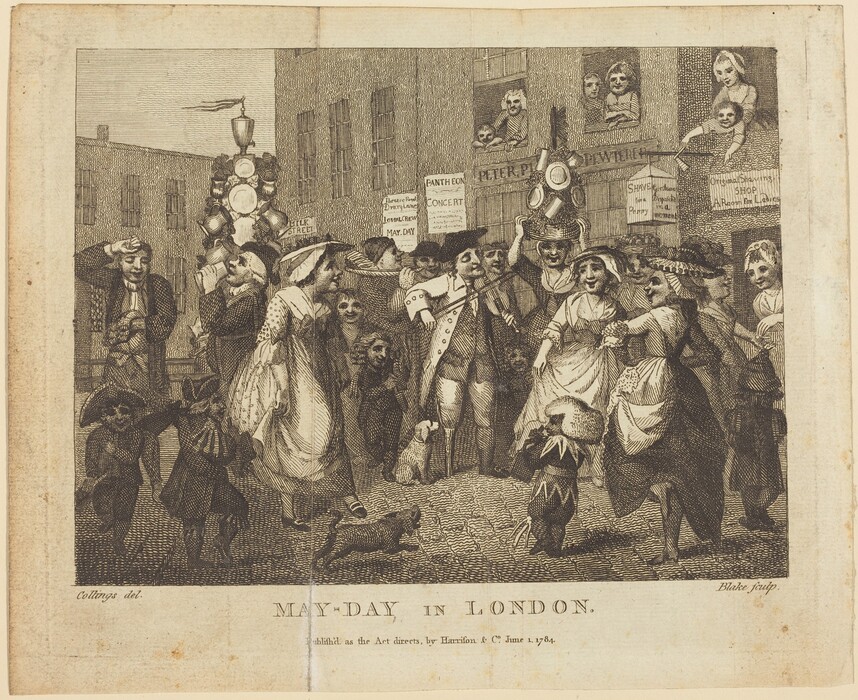 This is a drawing of a scene on May Day in London. The image shows a busy street filled with activities. 

Full-description: The drawing depicts characters engaging in a festive atmosphere, including musicians and dancers. In the center, people in period costumes are dancing, some holding hands and others clapping. The background shows urban buildings with banners and signs announcing events like concerts. A man is seen carrying a pole decorated with cups and teapots, possibly for street performance or sales. Dogs are also present. The characters' expressions and body language suggest joy and excitement. Onlookers lean out from upper floor windows to watch the festivities.