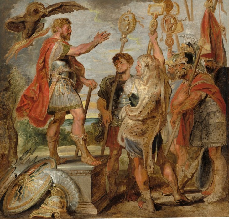 A bearded man with copper-blond hair and flushed, peachy skin stands on a stone-gray pedestal and gestures toward a group of five more men gathered before him in this square painting. Some of the men are light-skinned, others are tan. The man on the platform, Decius Mus, stands with his ruddy face turned to our right in profile, his muscular right arm raised and right foot extended. He wears a knee-length toga, and form-fitting armor covers his torso. A sword hangs from his waist, and a scarlet-red cape flaps behind him. Piled against the pedestal in the lower left are spears, battle axes, a silvery-gray shield covered with gold lightning bolts, and an ornate crested helmet. In the upper left corner, an eagle with one wing extended hovers behind Decius Mus’s head, clutching long peach and straw-colored strands in its talons. The other five men stand clustered together on the ground to our right, facing Decius Mus. They are also bearded and muscular, and each holds a golden staff topped with a different symbol. They wear knee-length tunics and cloaks in brick red, olive green, black, or tan, and three wear armor protecting their upper bodies. Calf-high, brown boots cover their feet but leave their toes exposed. The man closest to us has gray hair and stands with his back to us. A parchment-brown animal skin speckled with brown spots covers the back of his head and wraps around his armor and tunic. The man just beyond him, to our left, faces us and holds a gold staff topped with an eagle set within a round laurel wreath. The rest of the men stand in profile, filling the right side of the composition, and they lean in toward Decius Mus. Two of them wear crested helmets, one olive green, the other charcoal gray, both with gold ornamentation on the front. The man in the gray helmet holds aloft a flag painted with vertical swipes of scarlet red and ginger brown. A sketchily painted landscape beyond the group has trees with dark brown trunks and sage-green leaves along the left edge, leading back to a line of trees in the distance. Rolling, teal-blue land along the horizon could be hazy mountains. The powder-blue sky above is scattered with butter-yellow and light gray clouds. The scene is loosely painted, especially in the costumes and background.