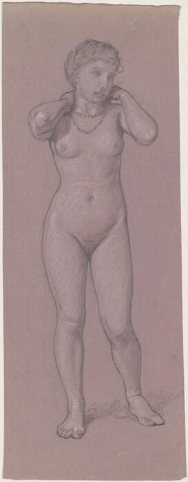 The image shows a person standing upright with their body slightly turned to the side. Both hands are raised near the neck area. The person's face is detailed with eyes, a nose, and lips. Their hair is styled in an updo with curls around the face. The person is nude but wearing a necklace. The background is a plain, muted pink color.
