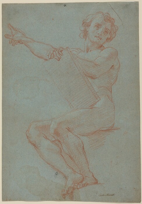 The image depicts a male figure in a seated position, facing forward. The figure is drawn in a dynamic pose, with their torso turned slightly to the left. The person's head is tilted to the right, looking upwards. The face shows defined features such as cheekbones, a jawline, and a nose. The person has short to medium wavy hair. The figure appears muscular and is drawn nude. The right hand holds a large rectangular object, while the left arm extends outward with the hand pointing forward. There are no visible accessories or items being held. The background is a plain blue-gray textured surface, with the figure and objects outlined in a reddish-brown hue.