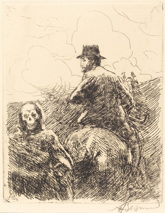 This is a drawing of a skeletal figure standing in a cloak in the foreground and a man riding a horse. The lines are dense and sketchy, creating a textured effect on the cloak. A man on horseback is behind the skeletal figure, looking back. The background has loosely drawn clouds. The style is reminiscent of James Ensor.