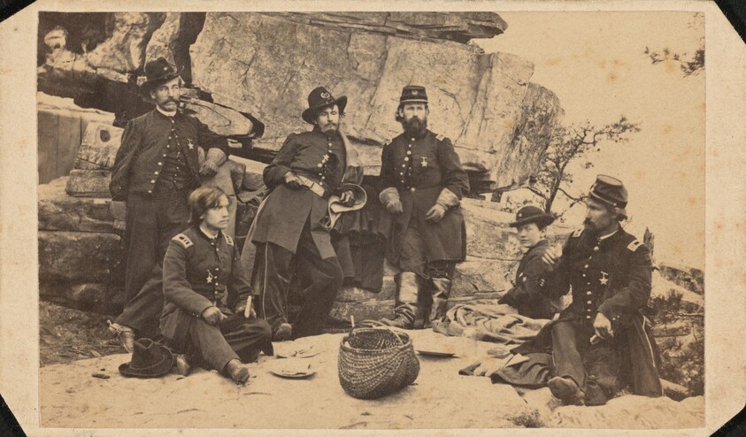 "Part of General Geary's Staff. Taken on Lookout Mountain Summit on Christmas Day."