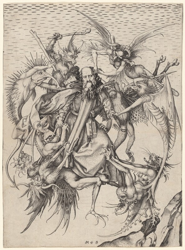 Printed with fine black lines, crosshatching, and flicks of stippling, a bearded man wearing a long robe is being held up in the sky by nine nightmarish, extremely imaginative creatures in this vertical print. The man is balding and wrinkles line his high forehead. His body faces us, and his arms are pulled down by his sides. He looks down and off to our right with hooded eyes under a furrowed brow. A book hangs from a belt wrapped around his waist, and drapery flutters behind his right arm, to our left. The critters pull on his clothing, arms, legs, and hair. Three raise clubs, ready to strike. Each creature is unique, and they are made of intricate blends of feathers and fur, spikes and scales, snotus and beaks, blunt and sharp teeth, horns, wings, whiskers, flicking tongues, and fins. A bit of a rocky cliff edges into the lower right corner, and the top half of the sky has a loose pattern of horizontal dashes. The artist signed the lower center with his initials, “M + S.”