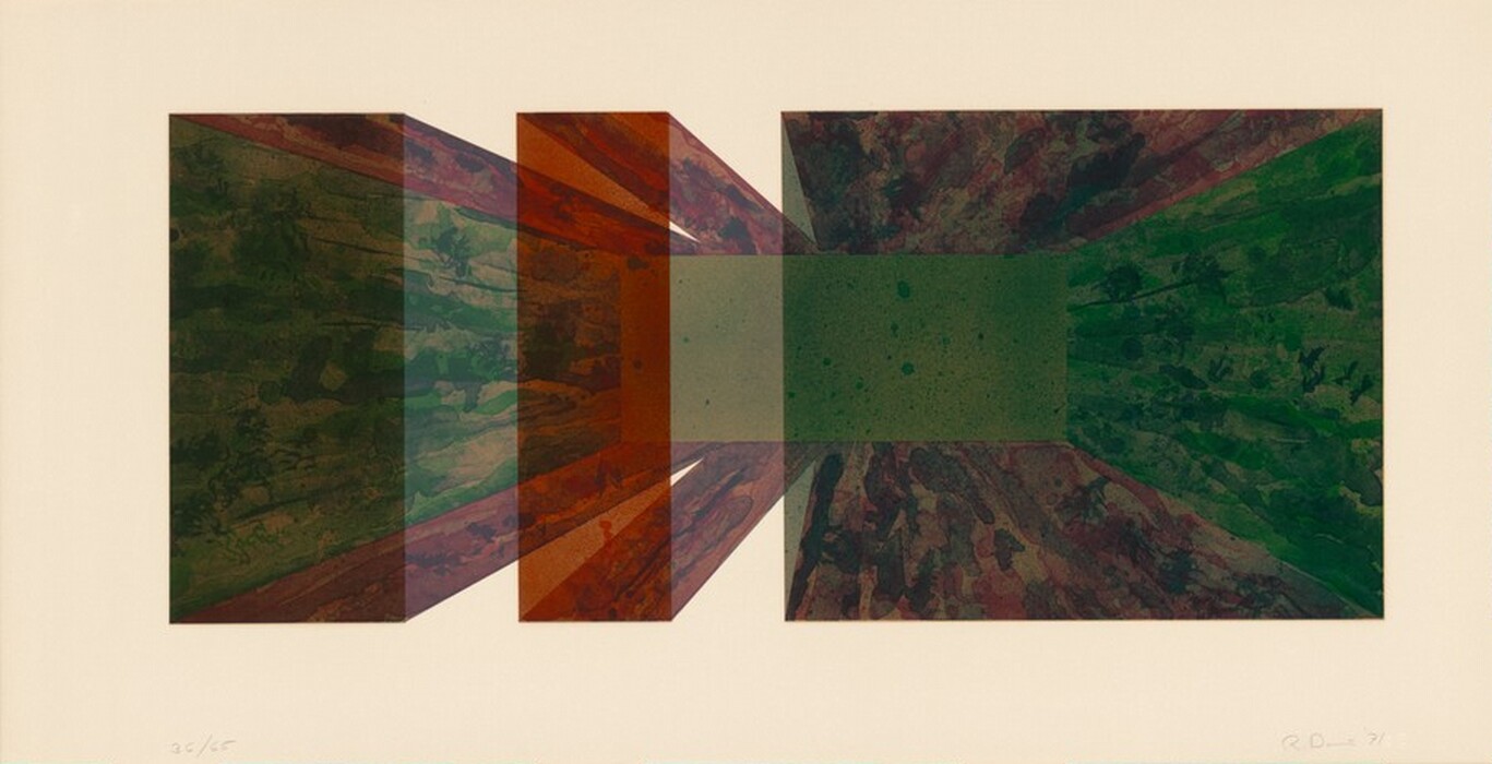 The image displays overlapping rectangular shapes and parallel lines in a complex geometric pattern. It features earthy red, green, and brown tones. The rectangles create a sense of movement and depth. They resemble corridors or tunnels leading to a central vanishing point. The composition has an organic quality contrasting with the precise geometry of the shapes.