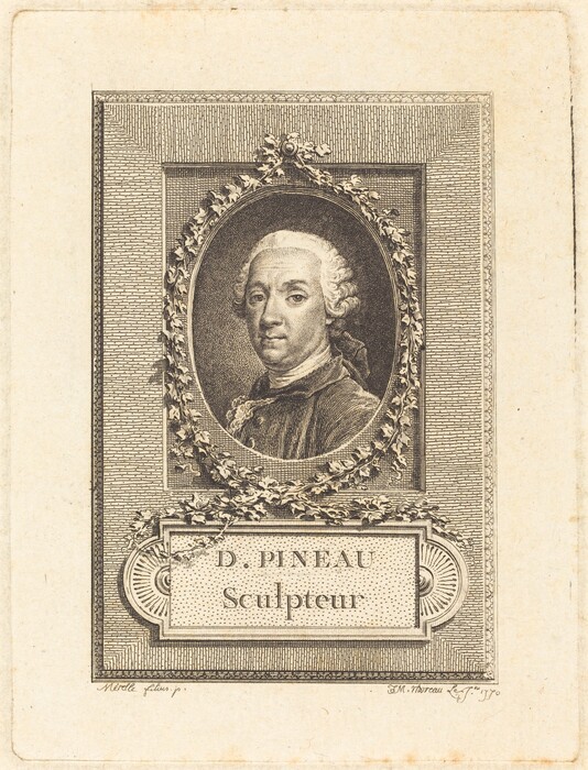 An engraved portrait of a man's upper body and head is depicted within an oval frame. The man is looking directly at the viewer with his head slightly turned to one side. He has a rounded face with pronounced cheeks and wears a confident expression. The man's hair is styled in a period-appropriate fashion, featuring short, curling locks framing his face in a powdered wig. He is dressed in a formal coat with a high collar and a decorative scarf or cravat around his neck. The oval frame is surrounded by an ornate border with floral patterns and intricate detailing. A rectangular plaque beneath the portrait is inscribed with "D. Pineau Sculpteur." The background has a textured appearance that enhances the three-dimensional effect of the frame and plaque, with additional filigree for design embellishment.