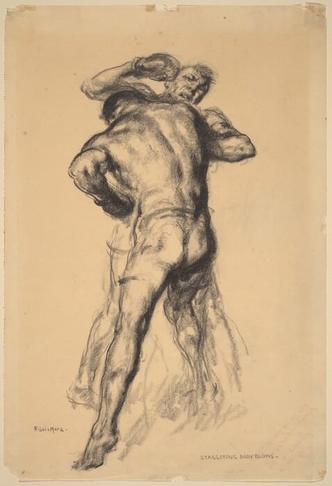 The image shows two figures engaged in a physical confrontation. Both figures are muscular and not wearing any clothing. The figure in the foreground is turned slightly to the right, while the other figure appears to be in the process of delivering a blow, with their arm raised and fist clenched. The opponent's face is partially visible, detailed with furrowed eyebrows. The figures are depicted in a dynamic stance, emphasizing physical strength and combat. The scene is set against a plain background.